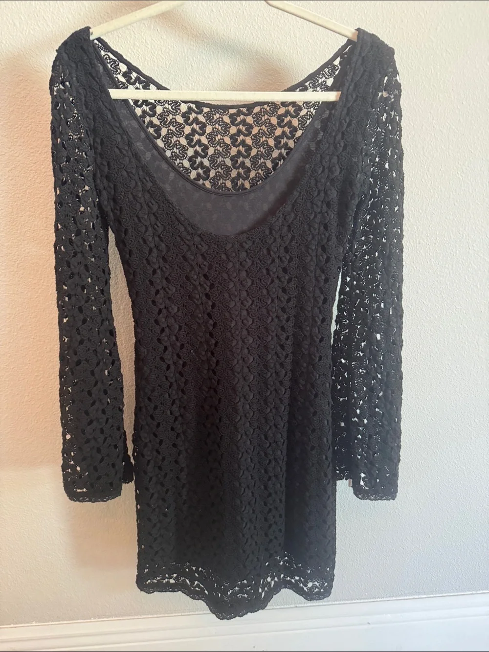 Free People Black Crochet Lace Long-Sleeve Dress